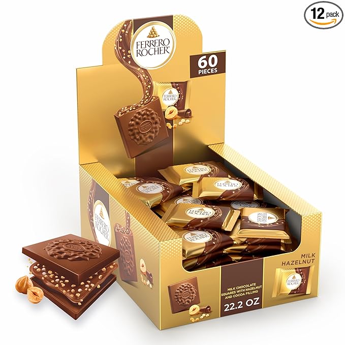 Ferrero Rocher Premium Milk Hazelnut chocolate squares Individually Wrapped Chocolates Great for Sharing or Gifting 60 Pack 3.7 oz Each