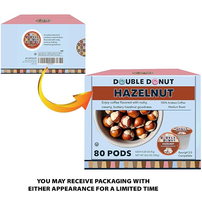 Double Donut Coffee Flavored Coffee Pods Caffeinated Hazelnut Coffee Pods for Keurig K Cups Machines Medium Roast 80 Count (Pack of 1)