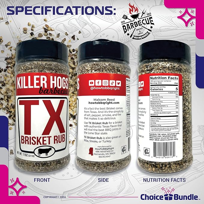 Killer Hogs Rib Rub &amp TX Texas Brisket Premium BBQ Barbecue &amp Seasoning 4 pk Variety Choice Bundle (44.68 oz) + BBQ Guide &amp Keychain Bottle Opener (6 Items)!