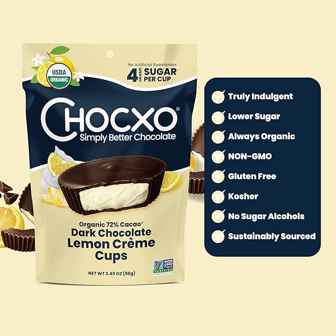 Chocxo Dark Chocolate Lemon Crème Cups - Lower Sugar Organic 72% Cacao NonGMO Keto Gluten Free Kosher No Artificial Sweeteners/Sugar Alcohols 3.45 oz (Pack of 6)