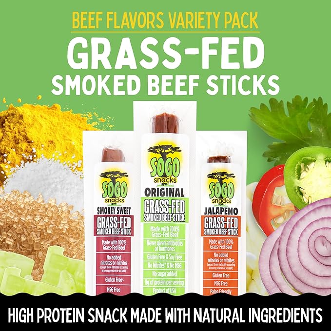 Variety 100% Grass-fed/finished Non-GMO Beef Sticks. No Added Nitrates Gluten Soy MSG Dairy or Nuts. Keto Whole30 &amp Paleo (24 Original 24 Smokey Sweet 24 Jalapeno 72 Count 1-oz Sticks)