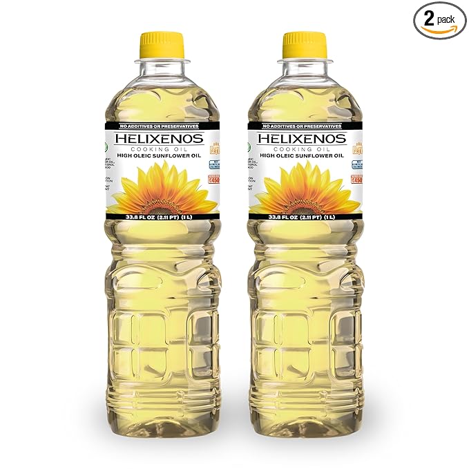 HELIXENOS High Oleic Sunflower Oil – Refined Deodorized &amp Winterized Non-GMO Gluten-Free Heart-Healthy Cooking Oil for Frying Baking Salad Dressing &amp Skincare (33.8 Fl Oz x2)