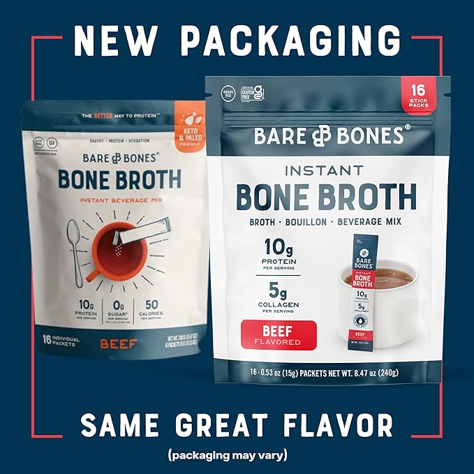 Bare Bones Beef Bone Broth Instant Powdered Mix Packets | 5g Collagen | 10g Protein | Keto &amp Paleo Friendly | No Artificial Flavors | Rich Savory on-the-go 16 Pack