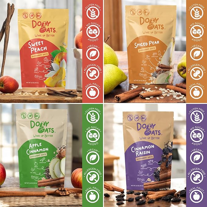 Dozy Oats Overnight Oatmeal Packets Vegan/No Added Sugar Variety Box with Rolled Oats Chia Seeds Date Powder and Dried Fruit. Gluten-Free Natural Source of Protein and Fiber 8-Pack and Jar
