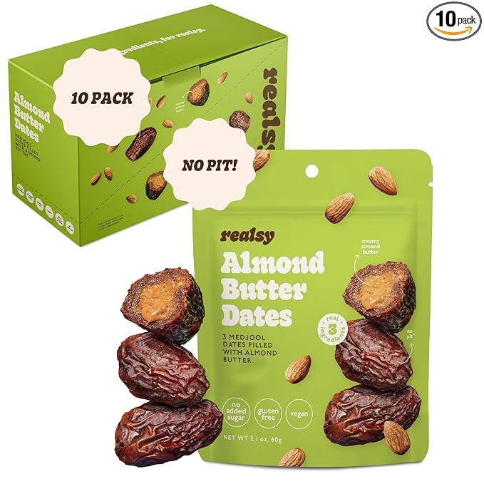 Realsy Almond Butter Stuffed Medjool Dates Organic Dates with No Sugar Added Gluten-Free Vegan Good Source of Fiber Low Glycemic Index All Natural Healthy Snack (10 Pack)