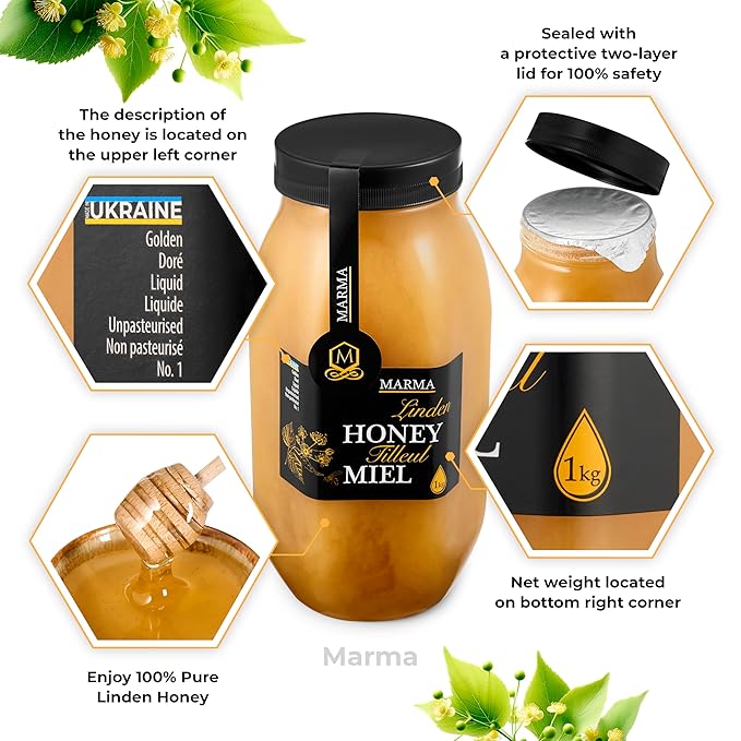 HONIGMA® Marma Linden Honey | Authentic Raw Honey from Ukraine | 100% Pure Unpasteurized &amp Fully Crystallized | 1000g/35.2oz | Naturally Solid Texture | Pack of 2