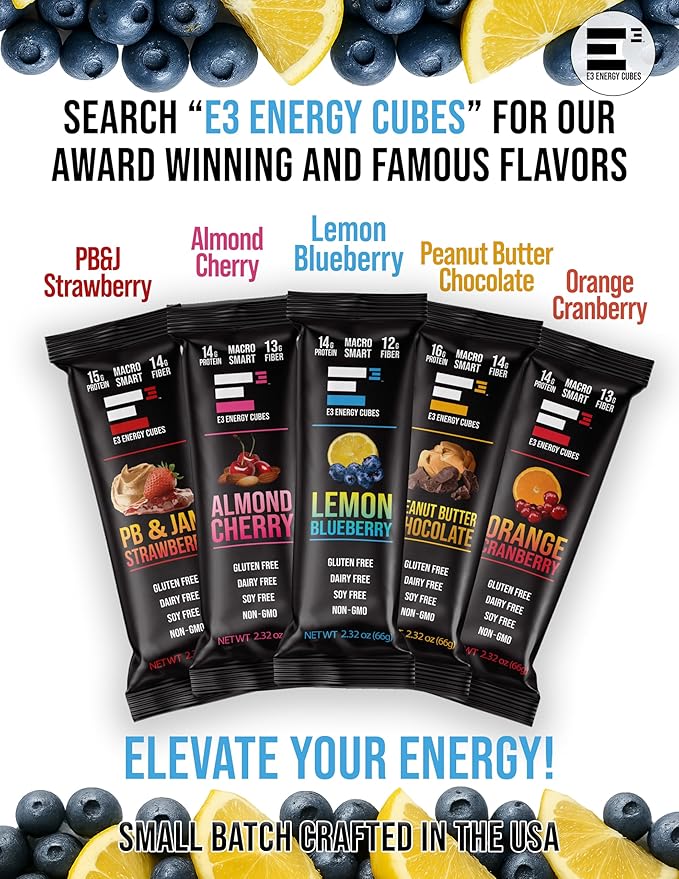 E3 Energy Cubes- Lemon Blueberry Refrigerated Protein Bars | Gluten Free Dairy Free Soy Free Non-GMO Macro Smart Prebiotic Fiber Prebiotic Fiber | High-Protein Healthy Snack Bars | Made in USA