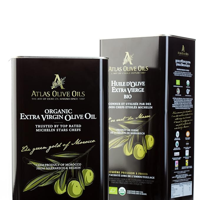 A ATLAS OLIVE OILS Bulk Organic Cold Pressed Moroccan Extra Virgin Olive Oil Polyphenol Rich Newly Harvested Unprocessed from One Single Family Farm Cold Press Ext. Virgin 170 Fl Oz (Pack of 1)