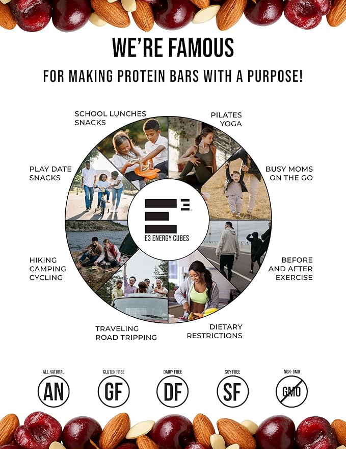 E3 Energy Cubes- Almond Cherry Refrigerated Protein Bars - (66g) 14g Protein | 13g Fiber | Gluten Free Dairy Free Soy Free Non-GMO No Artificial Ingredients Macro Smart Prebiotic Fiber Rich | Ma