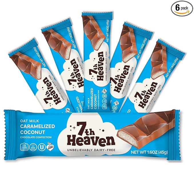 7th Heaven Vegan Oat Milk Chocolate Snack Bars: Caramelized Coconut - (1.6 oz - 6 Pack) Healthy Chocolate Perfect Valentines Gift For Your Loved Ones 100% Dairy Free Non GMO Kosher Parve Cruelt