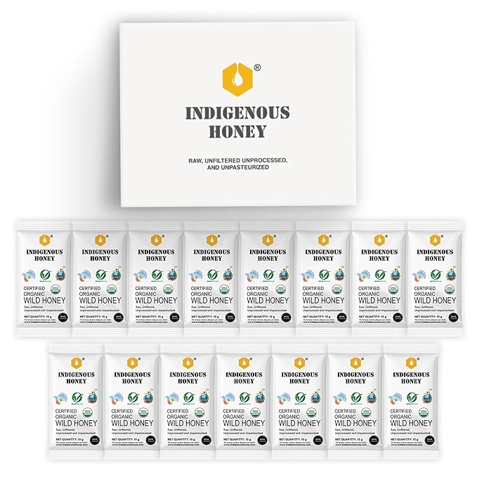 INDIGENOUS HONEY Organic Natural Wild Honey Raw Pure Unprocessed Added Sugar Free NMR Tested Unpasteurized Unheated 15 Sachets Gift Pack 15g Each Total 225g