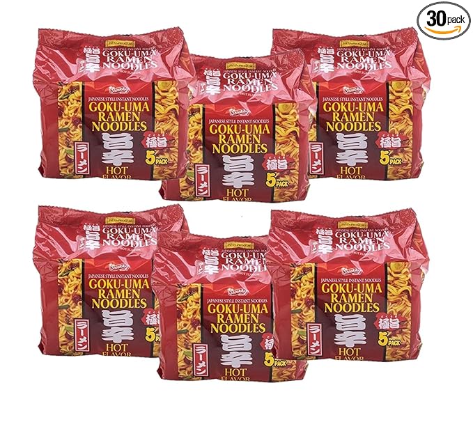 Shirakiku Japanese Goku-Uma Instant Ramen Noodle Tonkotsu/Hot/Soy Sauce Flavor Pack of 30 (Hot Pack of 30)