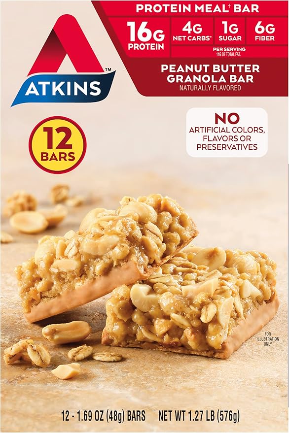 Atkins Peanut Butter Granola Protein Meal Bar High Fiber 16g Protein 1g Sugar 4g &amp Caramel Chocolate Nut Roll Snack Bar Protein Snack High in Fiber 2g Sugar 16 Count
