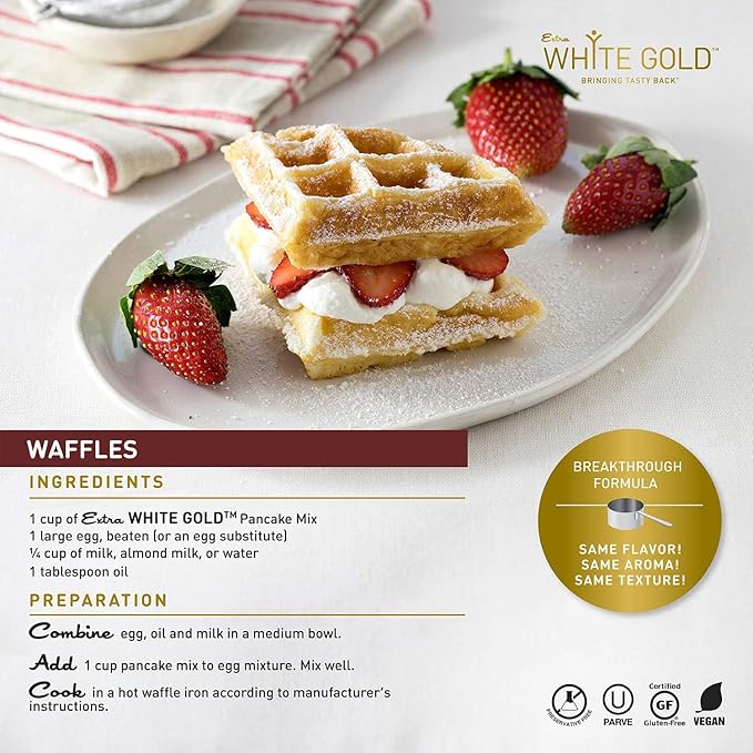 Extra White Gold Pancake &amp Waffle Mix – For Baking Cakes Cupcakes Desserts – [Gluten Free] [Nut Free] [Free of the Top 14 Major Allergens] – 14.1 Ounces (2 Pack)