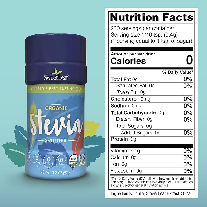 SweetLeaf Organic Stevia Powder Shaker Jar - Zero Calorie Sweetener with Stevia Leaf Extract No Artificial Sweetener Additive Sugar Free Keto Friendly Non GMO Gluten Free - 3.2 Oz (Pack of 2)