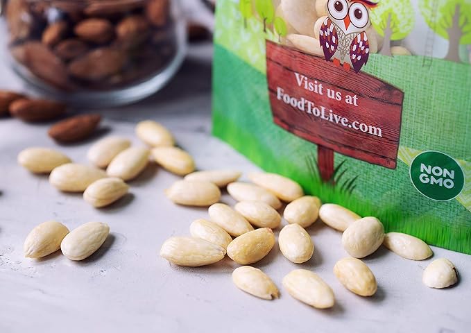 Food to Live Organic Blanched Whole Almonds 8 Pounds - Non-GMO Raw Unpasteurized Unsalted Keto Paleo Kosher Bulk High in Protein Dietary Fiber Vitamin E Manganese and Riboflavin.