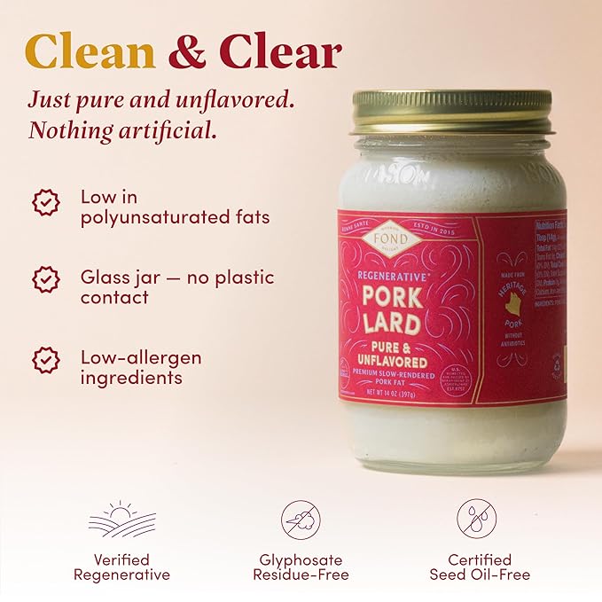 FOND Regenerative 100% Pork Lard for Cooking and Baking – 14oz Pure &amp Unflavored Rendered Lard Shelf‑Stable Pasture-Raised Pork Fat for Cooking Sautéing Roasting High Smoke Point Seed Oil‑Fre
