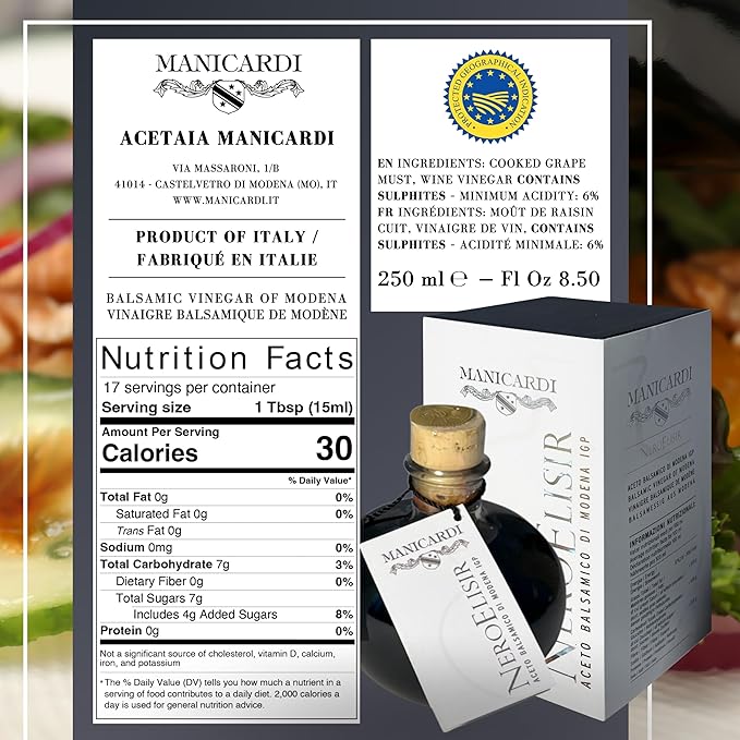 MANICARDI Traditional Balsamic Vinegar of Modena PGI - Black Elisir with Drip-Stop Dispenser Perfect for Snacks Pasta Vegetables Salad Dressings Meat - Made in Italy 8.45 Fl Oz (250 ml)