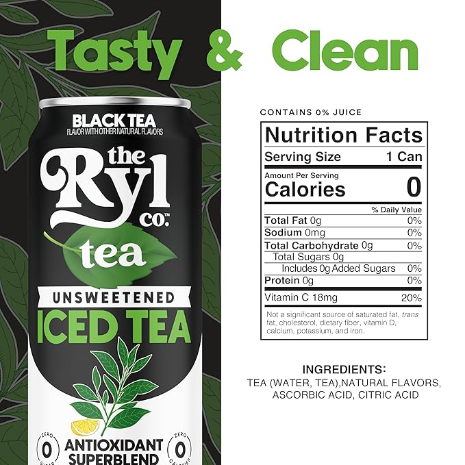 Ryl Iced Tea Unsweetened Black Tea Antioxidant Superblend Zero Sugar Zero Carb Zero Calorie Iced Tea 16.0 Fl Oz (12-Pack)