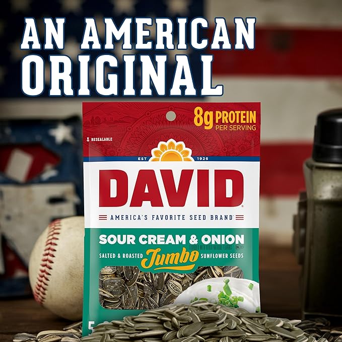DAVID SEEDS Sour Cream &amp Onion Jumbo Sunflower Seeds Keto Friendly 5.25-oz. Resealable Bag (Pack of 12)