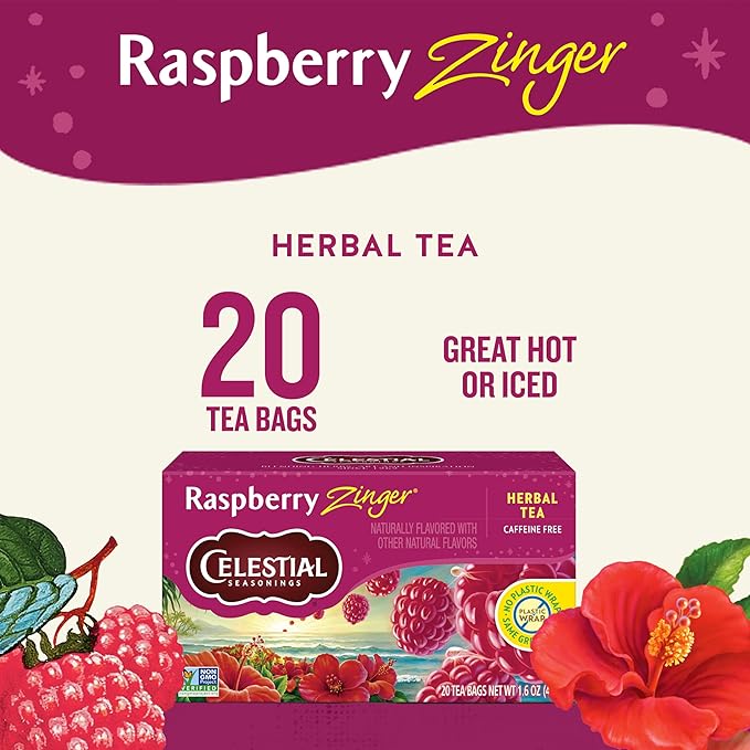 Celestial Seasonings Raspberry Zinger Herbal Tea Caffeine Free 20 Tea Bags Box 6-Pack