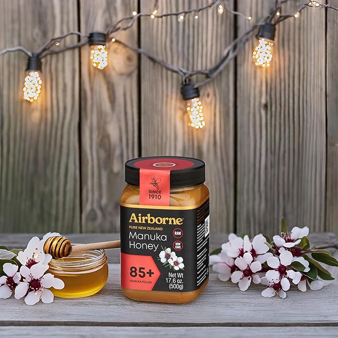 Airborne Manuka Honey (85+ Manuka Pollen) Raw and Unfiltered Premium New Zealand 100% Pure Daily Wellness Support 17.6 oz.