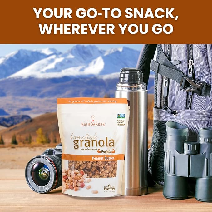 Erin Baker’s Homestyle Peanut Butter Granola with Ancient Grains - Made from Natural Ingredients Crunchy Texture Versatile Snack or Cereal - Vegan Friendly Non-GMO Resealable 12oz Bags 6‑Pack