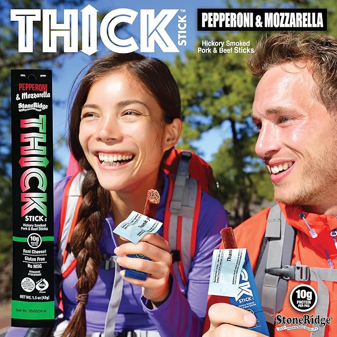 THICK STICK - STONERIDGE OLD-FASHIONED QUALITY PEPPERONI &amp MOZZARELLA - Hickory Smoked Pork and Beef Snack Sticks Gluten Free No MSG 15 Count THICK 1.5 oz Sticks High Protein Soy Free 15 Co