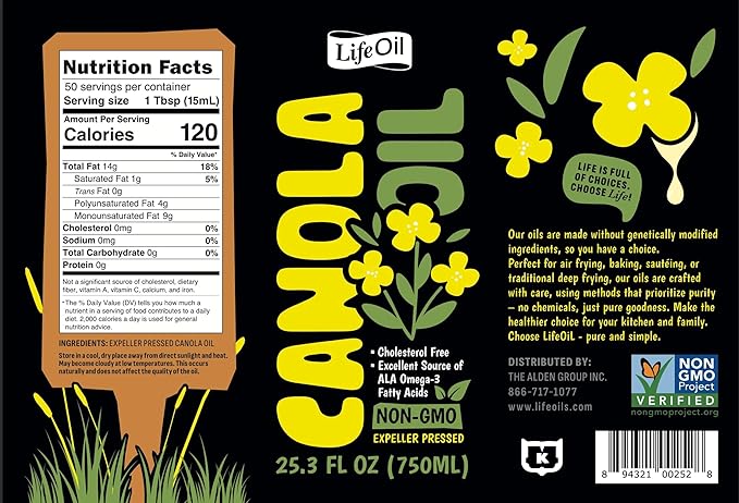 LifeOiL Canola Oil Expeller-Pressed Non-GMO High-Heat Cooking Oil 25.3 fl oz (750 mL) 2-Pack Squeeze Bottles