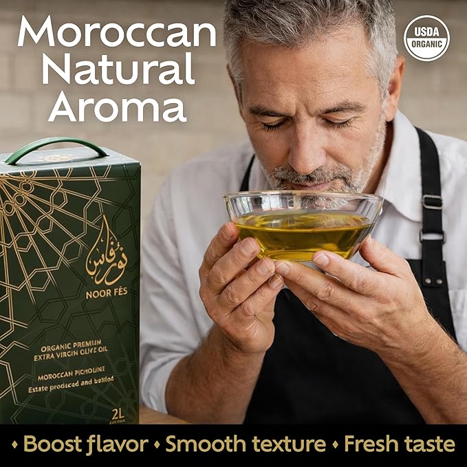 NOOR FÈS Extra Virgin Olive Oil | 24 Global Awards | 584 mg/kg High in Polyphenols | USDA Organic | Premium Moroccan Picholine Olives | Great Gift for Chefs | Cold Extracted Olive Oil | 67 Fl Oz