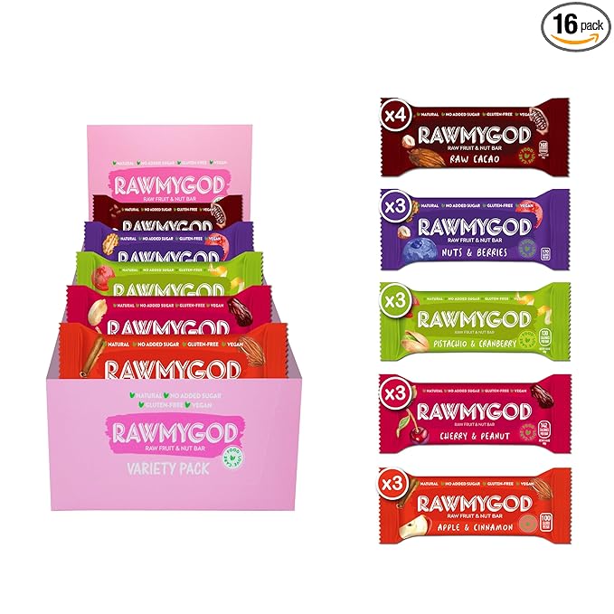 RAWMYGOD Fruit and Nut Bars Gluten Free Vegan No Added Sugar (16 bars Variety Pack I - 4 Raw Cacao 3 Apple &amp Cinnamon 3 Nuts &amp Berries 3 Cherry Peanut 3 Pistachio &amp Cranberry)