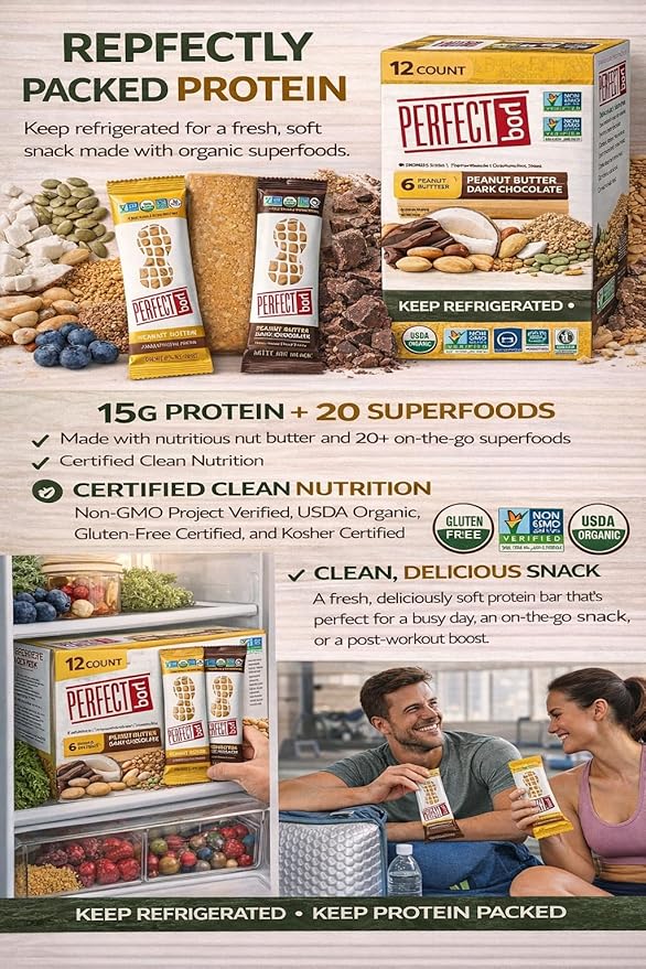 Perfect Bar Organic Protein Bars Variety Pack 12 Count | 15g Protein 20 Superfoods | Gluten Free Non-GMO Kosher | Healthy Refrigerated Snack Bars | Peanut Butter Dark Chocolate