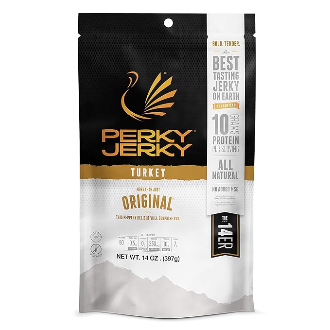 Perky Jerky Original Turkey Jerky 14oz - Low Sodium - 10g Protein per Serving - Low Fat - 100% U.S. Sourced - Handcrafted Tender Texture and Bold Flavor