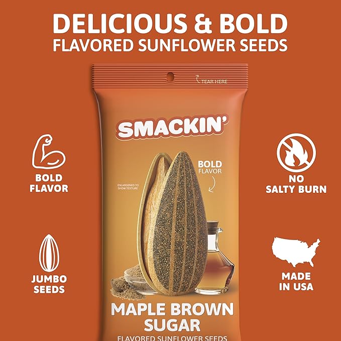 SMACKIN' Sunflower Seeds Roasted Jumbo Small-Batch American Made - Maple Brown Sugar. 1.5oz bags (36 Pack)