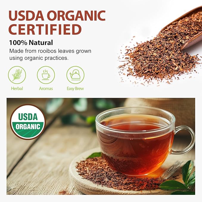 Soeos Organic Rooibos Tea 100 Teabags Naturally Caffeine Free USDA and Non GMO Certify Smooth and Robust Flavor Excellent for Hot or Iced Brew 9oz (250g)
