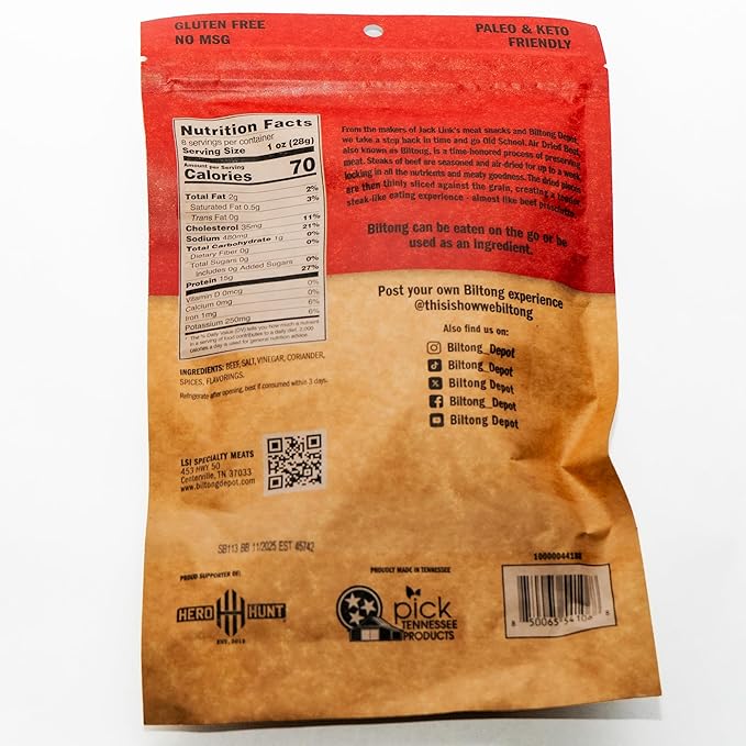 Biltong Depot Smoky Mesquite Biltong Slices - 8oz | Air-Dried Beef Jerky Snack | High Protein | Paleo &amp Keto Friendly | Zero Sugar | Gluten Free | No Artificial Preservatives | No MSG