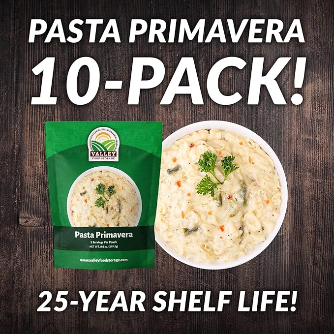 Valley Food Storage Pasta Primavera | 10-Bag Bucket 50 Servings | Non-GMO Premium Emergency Food Supply 25 Year Shelf Life | Survival Meal Kits Prepper Food &amp Off-Grid Living Supplies Packaged