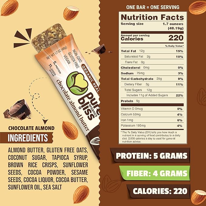 Organic Real Food Bar (Chocolate Almond Butter) Non-GMO Gluten Free Vegan Nutrition Bars Energy Bars Super Food Simple Ingredients Best Tasting Healthy Snack Breakfast Bars Dairy Free Soy Fr