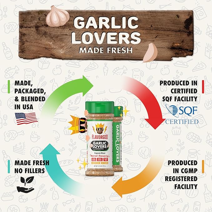 Garlic Lovers Seasoning Mix by Flavor God - Premium All Natural &amp Healthy Spice Blend for Grilling Chicken Beef Seafood Vegetables Salad Tacos Pizza &amp Pasta - Kosher Gluten-Free Dairy