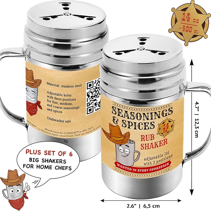 [6-pcs] 14 oz Seasonings Spice Shakers with Adjustable Fan-Style Lids and Handles + [1-pc] 14 oz Stainless Steel Salt Pepper Dredge Shaker with Plastic Cap and Handle Bundle