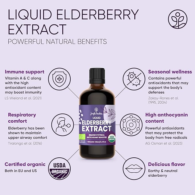 Jungle Powders Freeze Dried Strawberry Slices 3.2 Ounce Bag + Organic Blueberries Fresh Freeze Dried + Organic Elderberry Syrup USDA Certified 3.4 fl oz Bottle