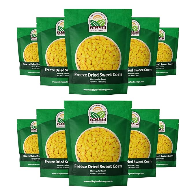 Valley Food Storage Freeze Dried Sweet Corn | 10-Bag Bucket 56 oz | Premium Emergency Food Supply 25 Year Shelf Life | Long Term Food Storage Camping Meals &amp Prepper Supplies | Packaged in USA
