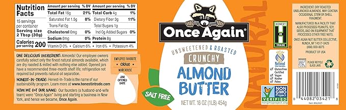 Once Again Natural Crunchy Almond Butter 16oz - Roasted - Salt Free Unsweetened - Gluten Free Certified Peanut Free Vegan Kosher Paleo - Glass Jar - Case of 12