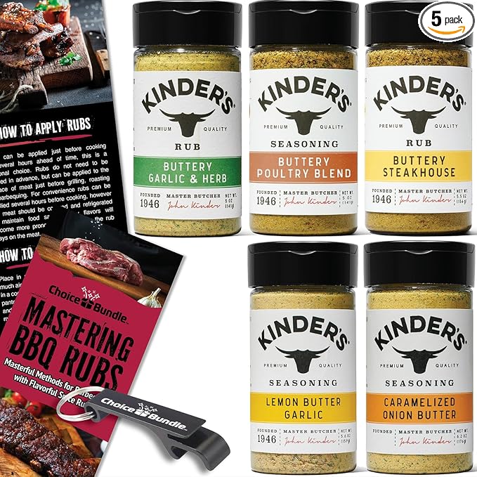 Kinders Buttery Garlic &amp Herb Buttery Poultry Buttery Steakhouse Lemon Butter Garlic Caramelized Onion Butter 5 pk Seasoning Rub Spice Set (27.3 oz) + BBQ Masters &amp Opener (7 Items)!