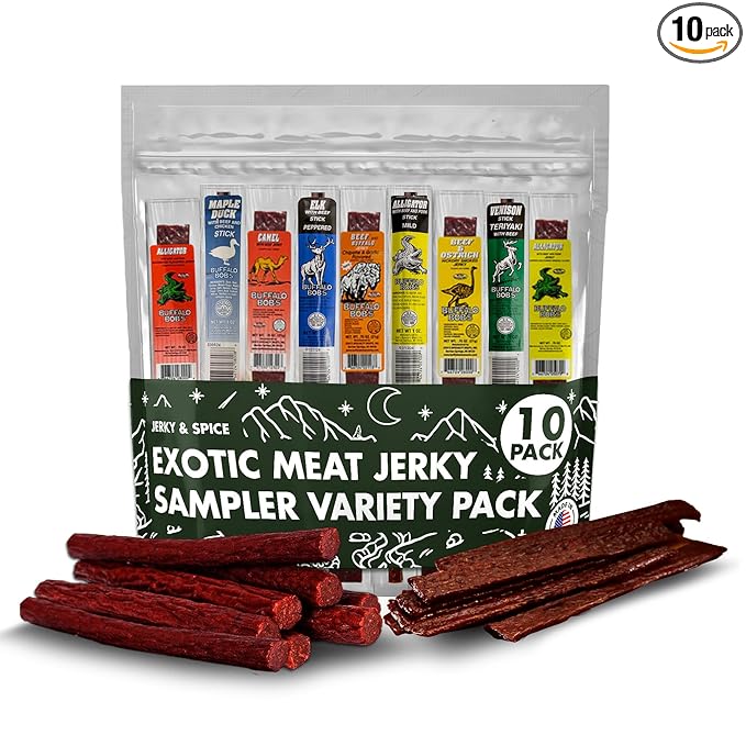 Buffalo Bob’s Wild Game Jerky (10-Pack) | Premium Exotic Meat Sampler Gift Pack | Includes Buffalo Elk Venison Ostrich Wild Boar Camel Alligator Jerky | Ideal for Trips Camping &amp Hiking