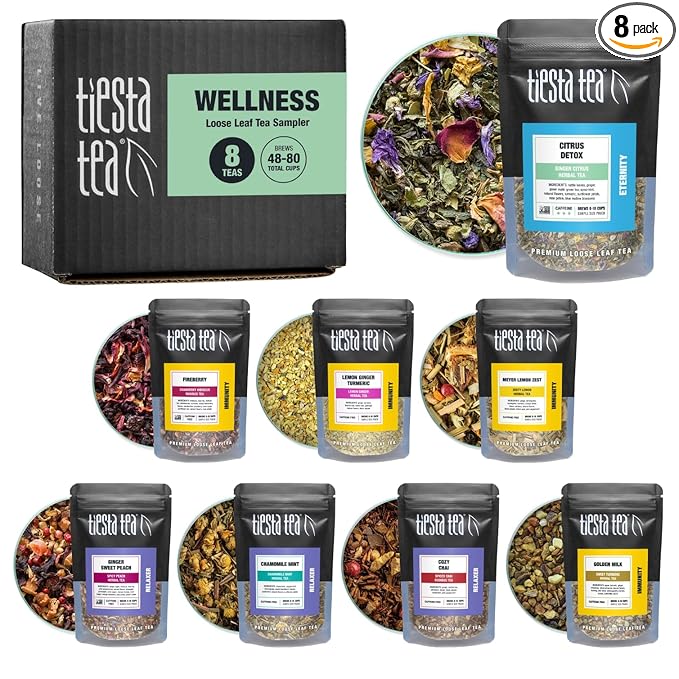 Tiesta Tea - Wellness Tea Sampler Dry Flight Set Loose Leaf High to No Caffeine Makes Hot &amp Iced Assorted Brew Sets with Herbal Chai Fruit Drinks &amp More 8 Resealable Sample Pouches