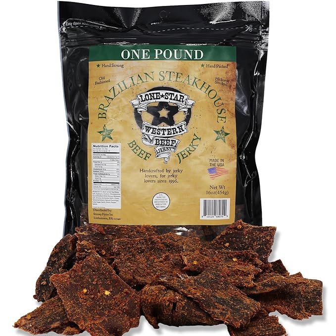 Lone Star Brazilian Steakhouse Flavored Beef Jerky - 1 Pound Resealable Bag - Hickory Smoked Handcrafted Flavor - High Protein Healthy Meat Snack