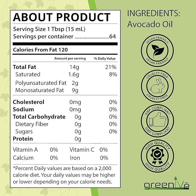 GreenIVe Avocado Oil Naturally Grown 100% Pure Natural without Additives Clean Cold Pressed Non-GMO Vegan: For Cooking Frying Baking and for Sauces Dressings Marinades Salads (32 Ounce)