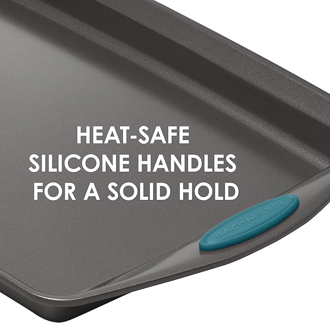 Rachael Ray Bakeware Nonstick Cookie Pan Set 3-Piece Gray with Marine Blue Grips