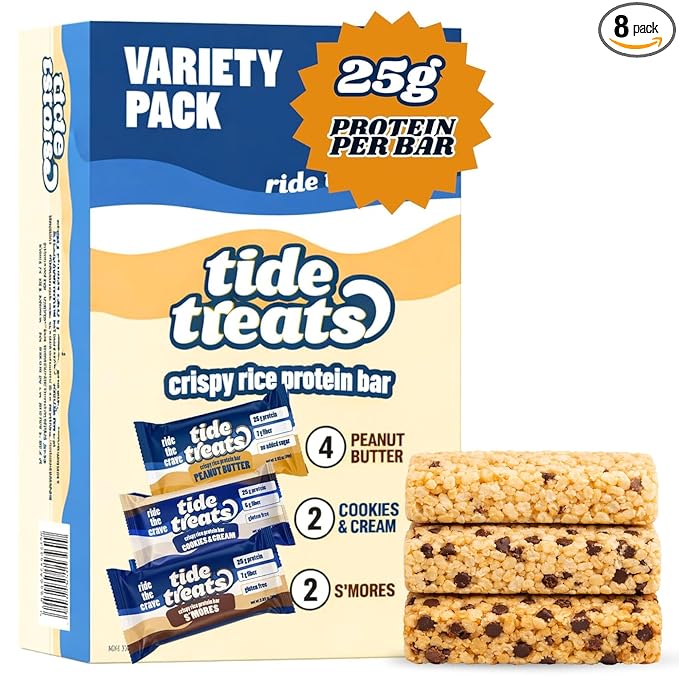 Crispy Rice Protein Treat Bar Variety Pack | 25 g Protein No Added Sugar 7 g Fiber Gluten Free | High Protein Snack for On-the-Go Post-Workout or Dessert Cravings | 8 Count
